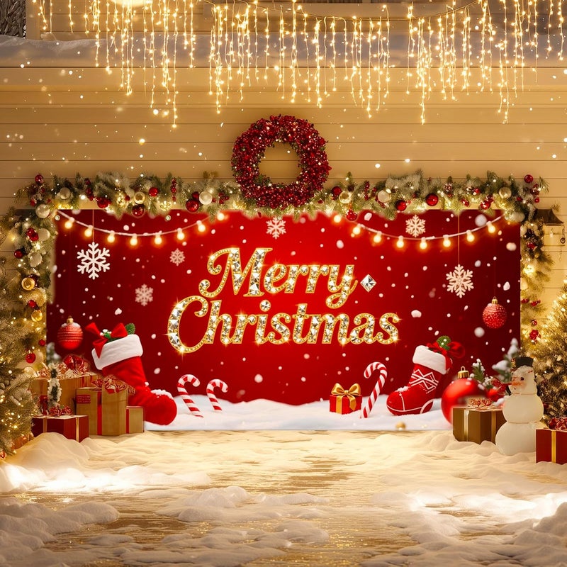 IVN Christmas Garage Door Cover Decoration 13x6ft Red Stockings Candy Canes Snowflakes Ornaments Merry Christmas Winter Garage Door Banner Home Door Front Yard Decor for Xmas Eve Holiday Outdoor - Image 2